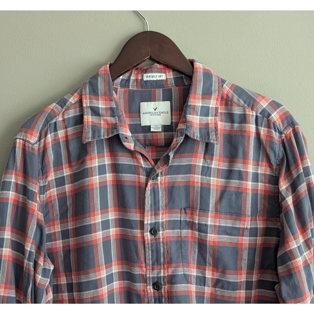 American Eagle Mens Large Red Navy Plaid Seriously Soft Long Sleeve Button Down